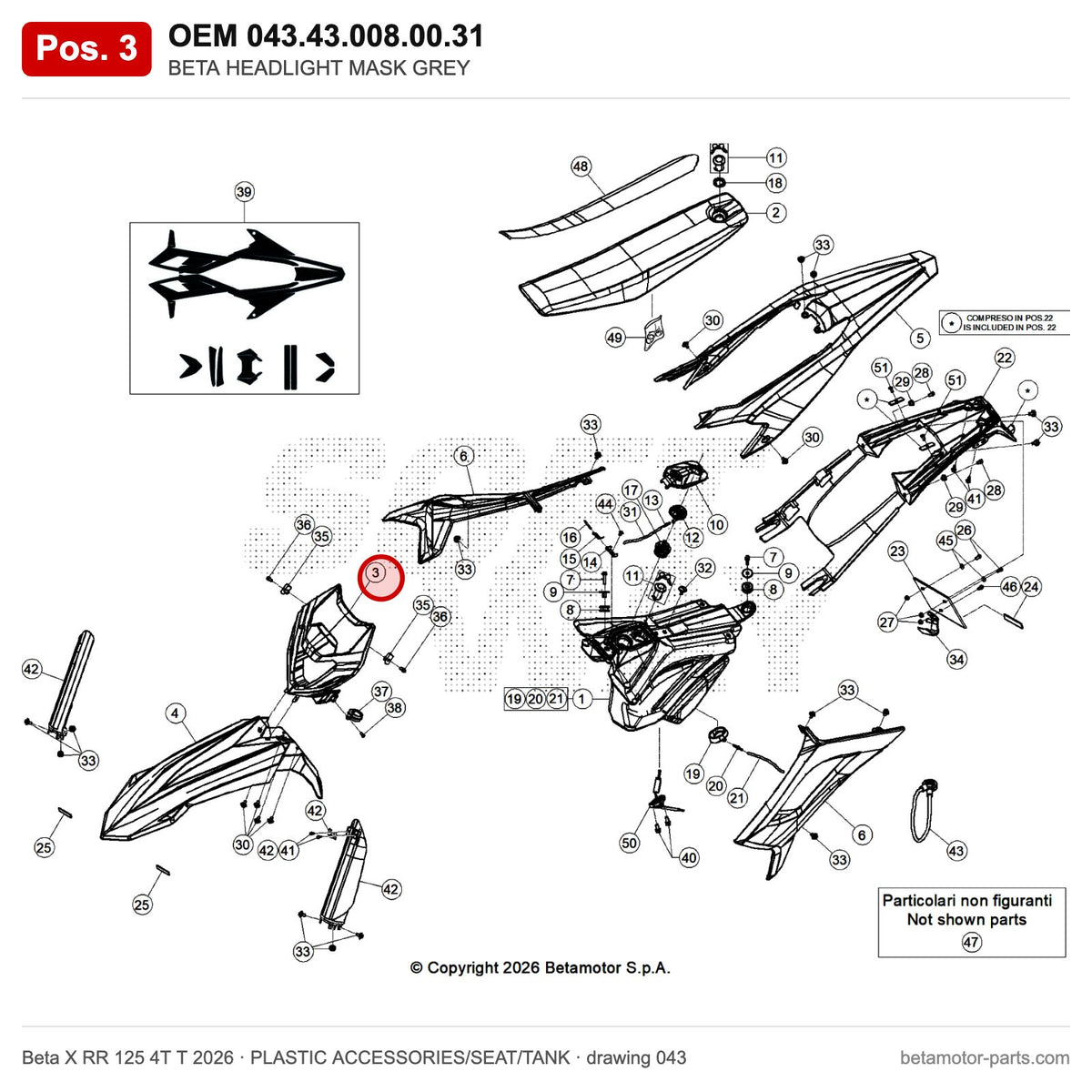 BETA HEADLIGHT MASK GREY – OEM 043.43.008.00.31, position 3 on the Beta X RR 125 4T T 2026 plastic accessories/seat/tank drawing