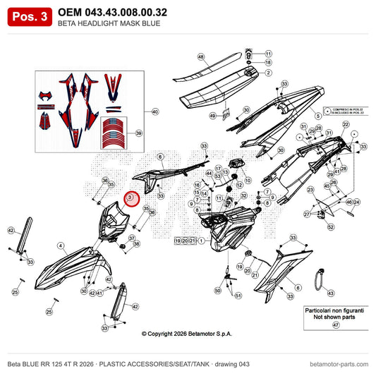 BETA HEADLIGHT MASK BLUE – OEM 043.43.008.00.32, position 3 on the Beta BLUE RR 125 4T R 2026 plastic accessories/seat/tank drawing