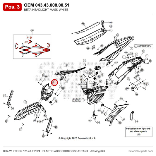 BETA HEADLIGHT MASK WHITE – OEM 043.43.008.00.51, position 3 on the Beta WHITE RR 125 4T T 2024 plastic accessories/seat/tank drawing