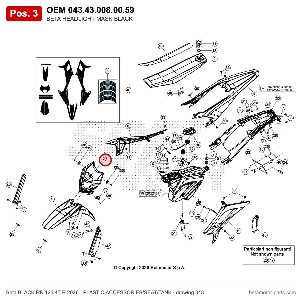 BETA HEADLIGHT MASK BLACK – OEM 043.43.008.00.59, position 3 on the Beta BLACK RR 125 4T R 2026 plastic accessories/seat/tank drawing