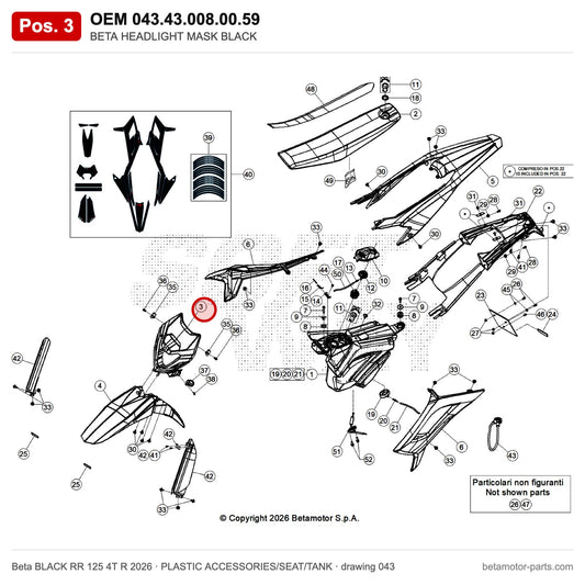 BETA HEADLIGHT MASK BLACK – OEM 043.43.008.00.59, position 3 on the Beta BLACK RR 125 4T R 2026 plastic accessories/seat/tank drawing