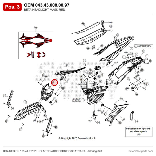 BETA HEADLIGHT MASK RED – OEM 043.43.008.00.97, position 3 on the Beta RED RR 125 4T T 2026 plastic accessories/seat/tank drawing