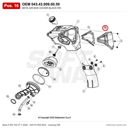 BETA AIR BOX COVER BLACK RR – OEM 043.43.009.00.59, position 16 on the Beta X RR 125 4T T 2026 air filter box drawing