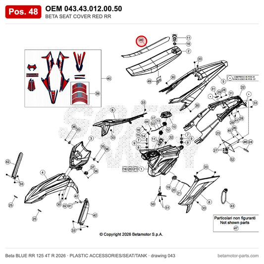 BETA SEAT COVER RED RR – OEM 043.43.012.00.50, position 48 on the Beta BLUE RR 125 4T R 2026 plastic accessories/seat/tank drawing