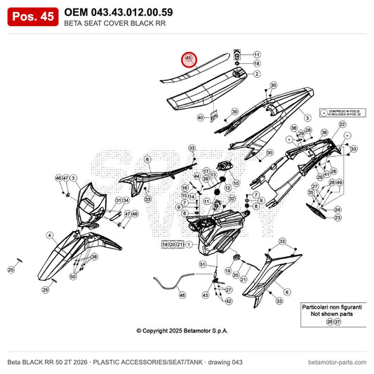 BETA SEAT COVER BLACK RR – OEM 043.43.012.00.59, position 45 on the Beta BLACK RR 50 2T 2026 plastic accessories/seat/tank drawing