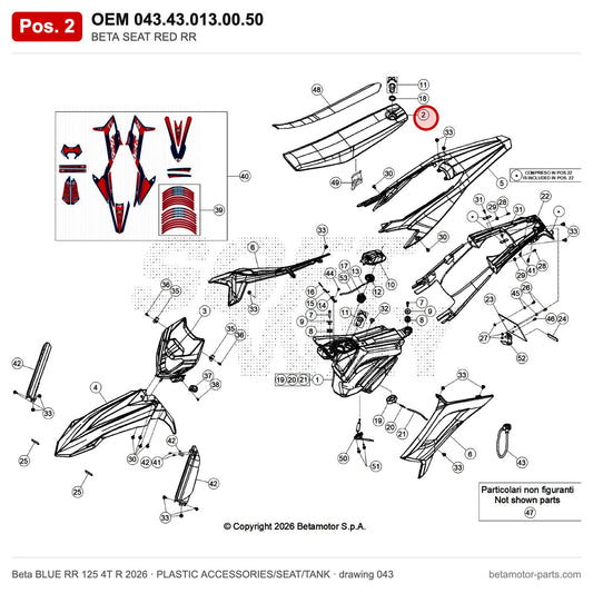 BETA SEAT RED RR – OEM 043.43.013.00.50, position 2 on the Beta BLUE RR 125 4T R 2026 plastic accessories/seat/tank drawing