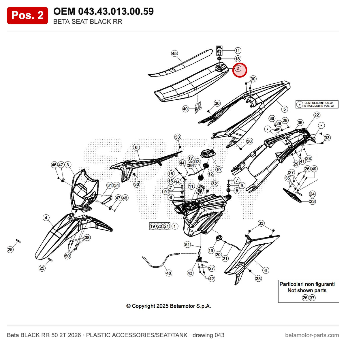 BETA SEAT BLACK RR – OEM 043.43.013.00.59, position 2 on the Beta BLACK RR 50 2T 2026 plastic accessories/seat/tank drawing