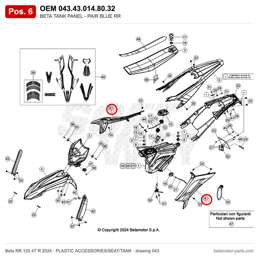 BETA TANK PANEL - PAIR BLUE RR – OEM 043.43.014.80.32, position 6 on the Beta RR 125 4T R 2024 plastic accessories/seat/tank drawing