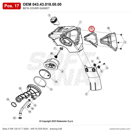 BETA COVER GASKET – OEM 043.43.018.00.00, position 17 on the Beta X RR 125 4T T 2026 air filter box drawing