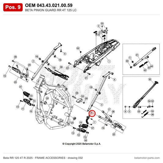 BETA PINION GUARD RR 4T 125 LC – OEM 043.43.021.00.59, position 9 on the Beta RR 125 4T R 2025 frame accessories drawing
