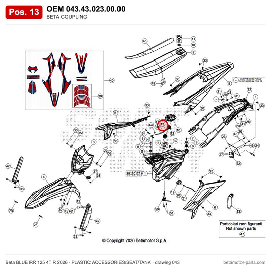 BETA COUPLING – OEM 043.43.023.00.00, position 13 on the Beta BLUE RR 125 4T R 2026 plastic accessories/seat/tank drawing