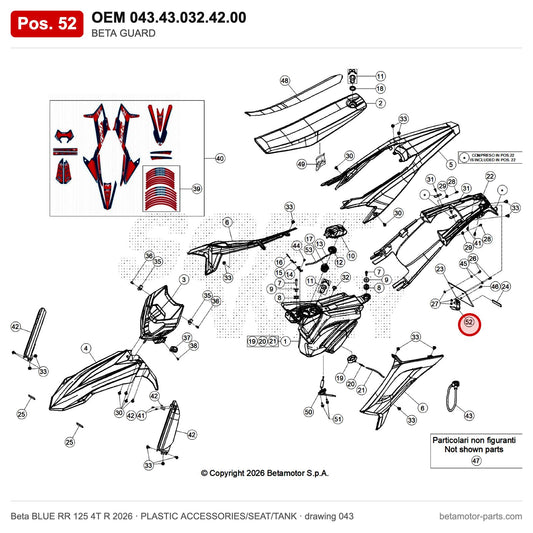 BETA GUARD – OEM 043.43.032.42.00, position 52 on the Beta BLUE RR 125 4T R 2026 plastic accessories/seat/tank drawing