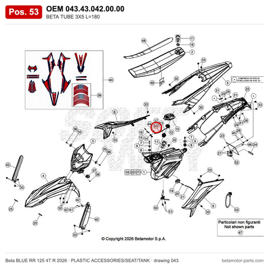 BETA TUBE 3X5 L=180 – OEM 043.43.042.00.00, position 53 on the Beta BLUE RR 125 4T R 2026 plastic accessories/seat/tank drawing