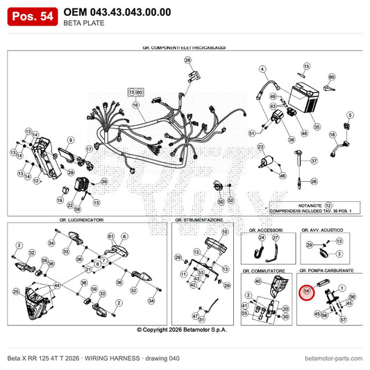 BETA PLATE – OEM 043.43.043.00.00, position 54 on the Beta X RR 125 4T T 2026 wiring harness drawing