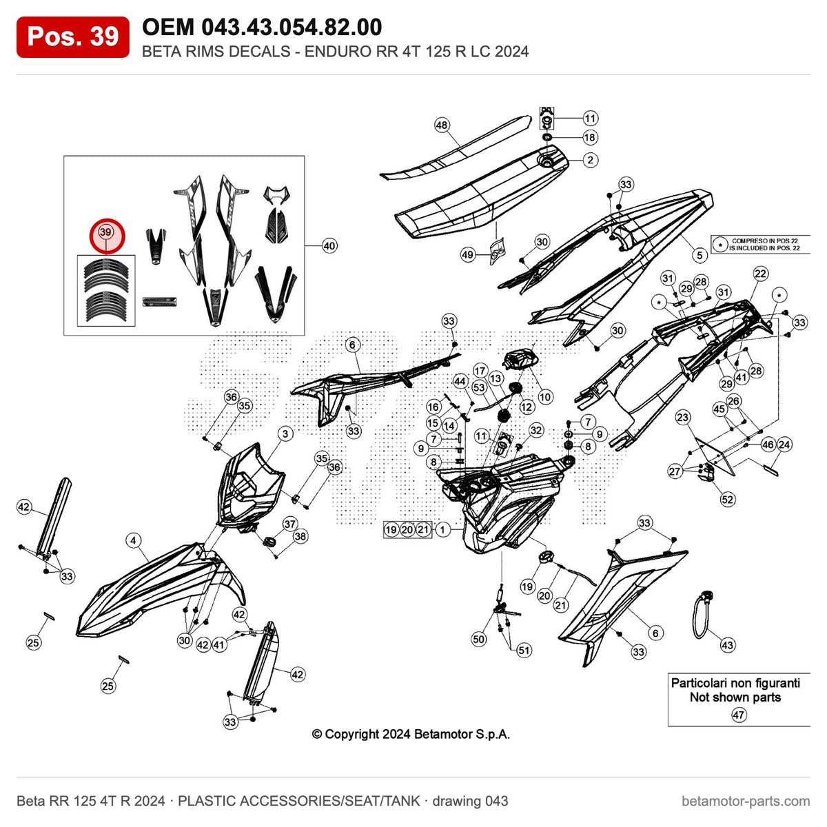 BETA RIMS DECALS - ENDURO RR 4T 125 R LC 2024 – OEM 043.43.054.82.00, position 39 on the Beta RR 125 4T R 2024 plastic accessories/seat/tank drawing