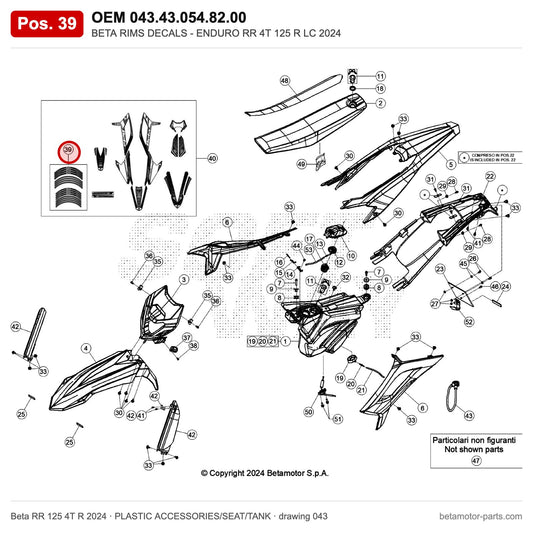 BETA RIMS DECALS - ENDURO RR 4T 125 R LC 2024 – OEM 043.43.054.82.00, position 39 on the Beta RR 125 4T R 2024 plastic accessories/seat/tank drawing