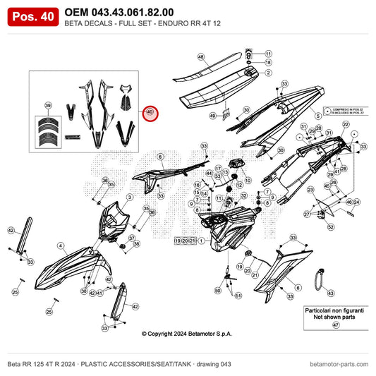 BETA DECALS - FULL SET - ENDURO RR 4T 125 R 2 – OEM 043.43.061.82.00, position 40 on the Beta RR 125 4T R 2024 plastic accessories/seat/tank drawing