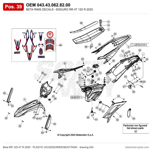 BETA RIMS DECALS - ENDURO RR 4T 125 R 2025 – OEM 043.43.062.82.00, position 39 on the Beta RR 125 4T R 2025 plastic accessories/seat/tank drawing