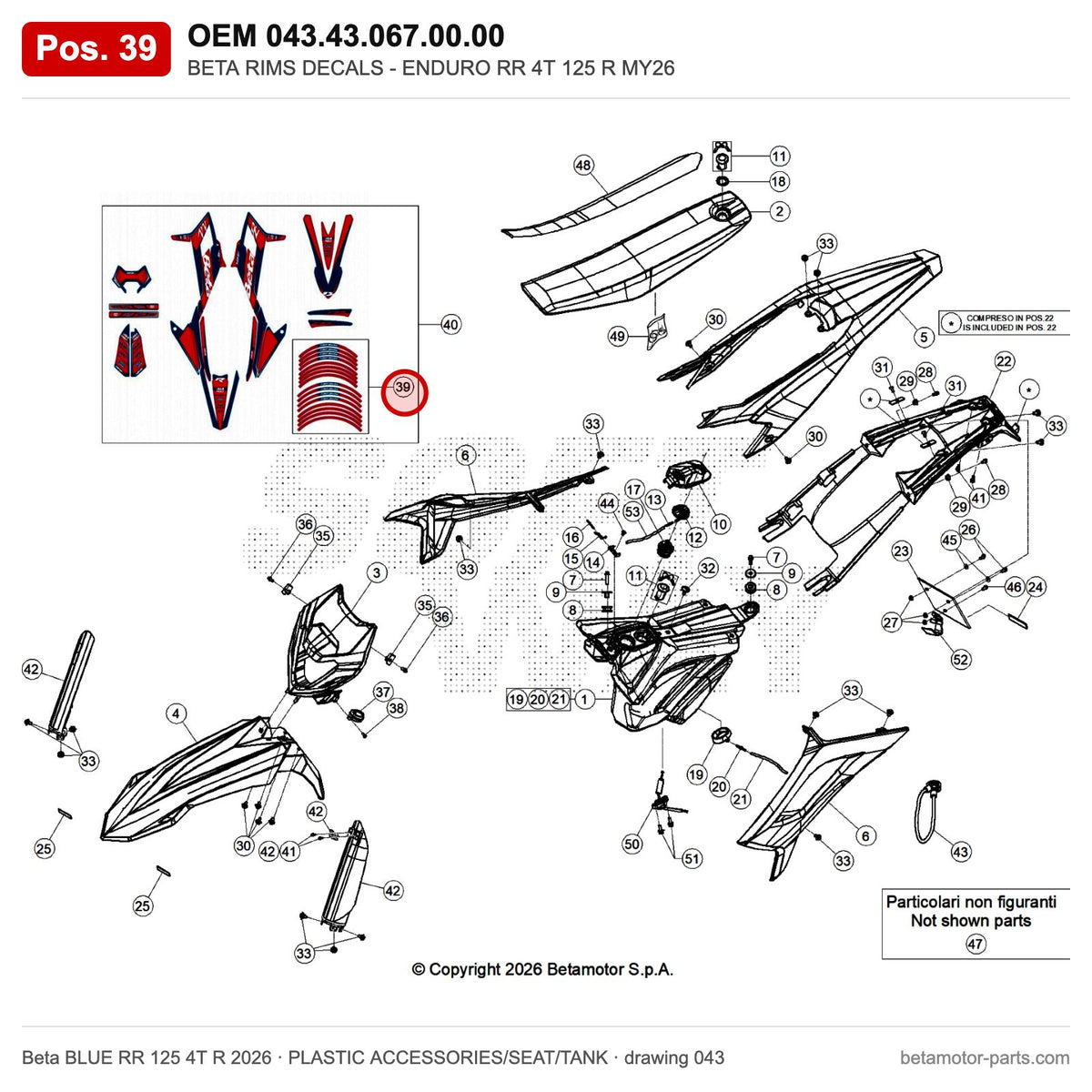 BETA RIMS DECALS - ENDURO RR 4T 125 R MY26 – OEM 043.43.067.00.00, position 39 on the Beta BLUE RR 125 4T R 2026 plastic accessories/seat/tank drawing
