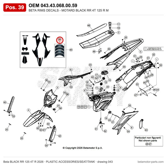BETA RIMS DECALS - MOTARD BLACK RR 4T 125 R M – OEM 043.43.068.00.59, position 39 on the Beta BLACK RR 125 4T R 2026 plastic accessories/seat/tank drawing