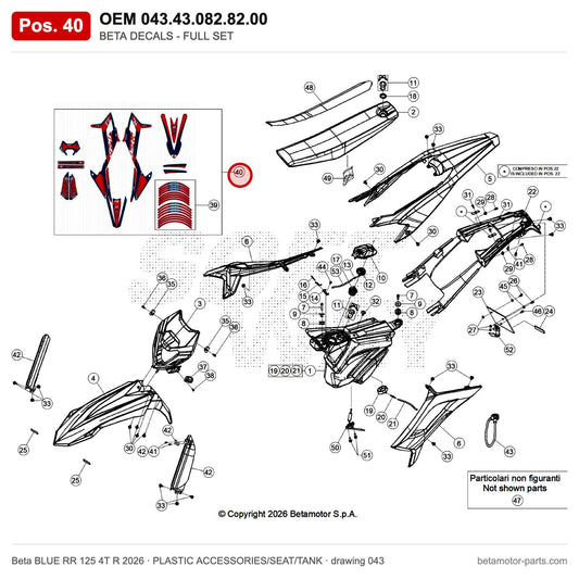 BETA DECALS - FULL SET ENDURO RR 4T 125 R 202 – OEM 043.43.082.82.00, position 40 on the Beta BLUE RR 125 4T R 2026 plastic accessories/seat/tank drawing