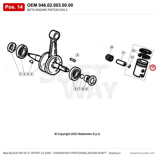 BETA ENGINE PISTON D40,3 – OEM 046.02.003.00.00, position 14 on the Beta BLACK RR 50 2T SPORT LS 2026 crankshaft/piston/balancer shaft drawing