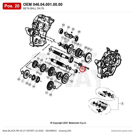 BETA BALL D4,76 – OEM 046.04.001.00.00, position 20 on the Beta BLACK RR 50 2T SPORT LS 2026 gearbox drawing
