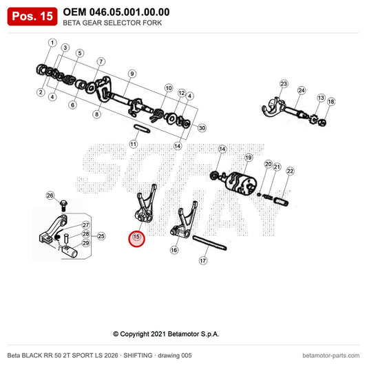 BETA GEAR SELECTOR FORK – OEM 046.05.001.00.00, position 15 on the Beta BLACK RR 50 2T SPORT LS 2026 shifting drawing