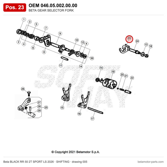 BETA GEAR SELECTOR FORK – OEM 046.05.002.00.00, position 23 on the Beta BLACK RR 50 2T SPORT LS 2026 shifting drawing