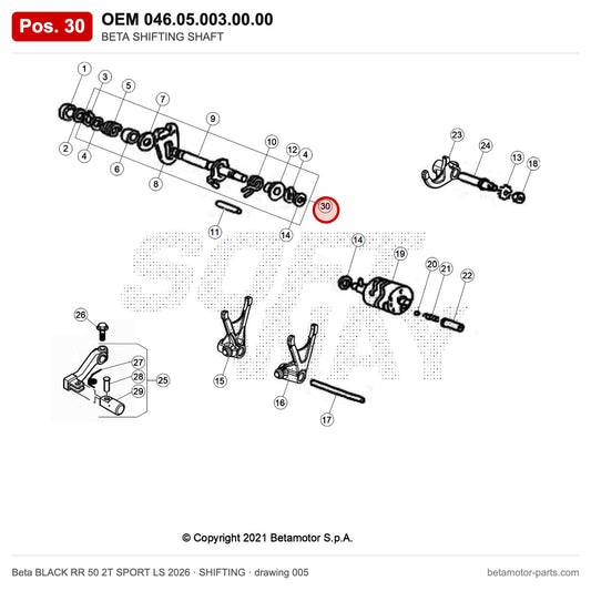 BETA SHIFTING SHAFT – OEM 046.05.003.00.00, position 30 on the Beta BLACK RR 50 2T SPORT LS 2026 shifting drawing