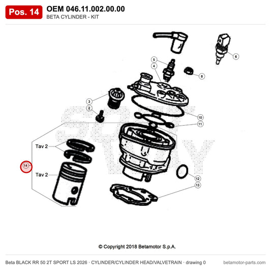 BETA CYLINDER - KIT – OEM 046.11.002.00.00, position 14 on the Beta BLACK RR 50 2T SPORT LS 2026 cylinder/cylinder head/valvetrain drawing