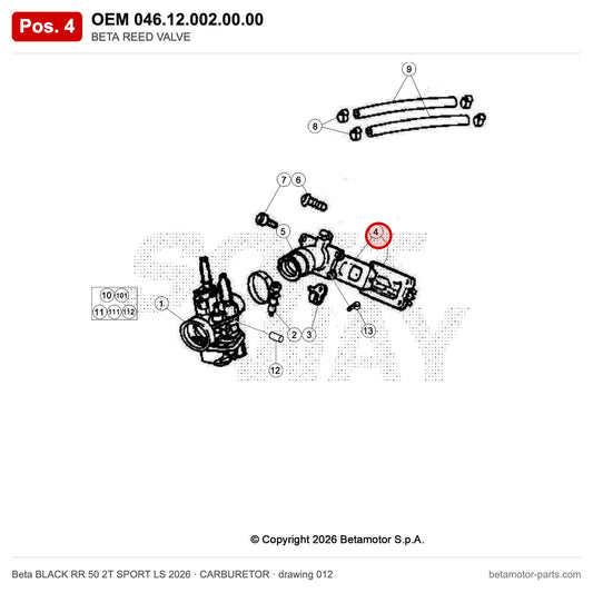 BETA REED VALVE – OEM 046.12.002.00.00, position 4 on the Beta BLACK RR 50 2T SPORT LS 2026 carburetor drawing