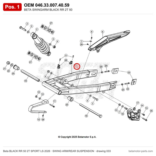 BETA SWINGARM BLACK RR 2T 50 – OEM 046.33.007.40.59, position 1 on the Beta BLACK RR 50 2T SPORT LS 2026 swing arm/rear suspension drawing