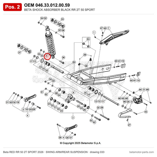 BETA SHOCK ABSORBER BLACK RR 2T 50 SPORT – OEM 046.33.012.00.59, position 2 on the Beta RED RR 50 2T SPORT 2026 swing arm/rear suspension drawing