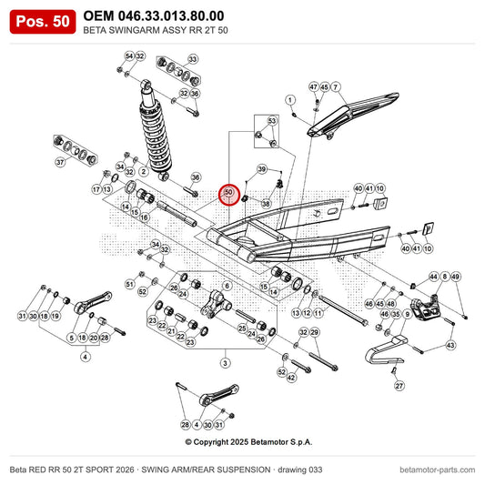 BETA SWINGARM ASSY RR 2T 50 – OEM 046.33.013.80.00, position 50 on the Beta RED RR 50 2T SPORT 2026 swing arm/rear suspension drawing