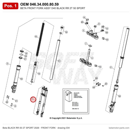 BETA FRONT FORK ASSY D40 BLACK RR 2T 50 SPORT – OEM 046.34.000.80.59, position 1 on the Beta BLACK RR 50 2T SPORT 2026 front fork drawing