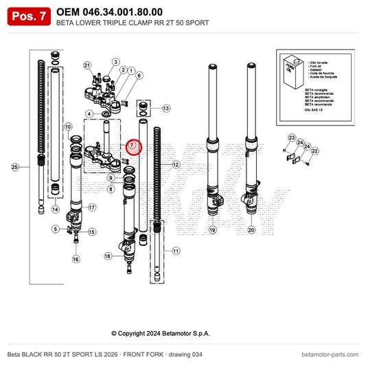 BETA LOWER TRIPLE CLAMP RR 2T 50 SPORT – OEM 046.34.001.80.00, position 7 on the Beta BLACK RR 50 2T SPORT LS 2026 front fork drawing