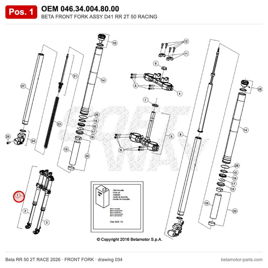 BETA FRONT FORK ASSY D41 RR 2T 50 RACING – OEM 046.34.004.80.00, position 1 on the Beta RR 50 2T RACE 2026 front fork drawing