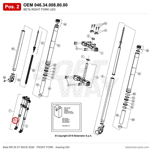 BETA RIGHT FORK LEG – OEM 046.34.008.80.00, position 2 on the Beta RR 50 2T RACE 2026 front fork drawing
