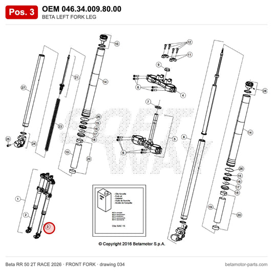 BETA LEFT FORK LEG – OEM 046.34.009.80.00, position 3 on the Beta RR 50 2T RACE 2026 front fork drawing