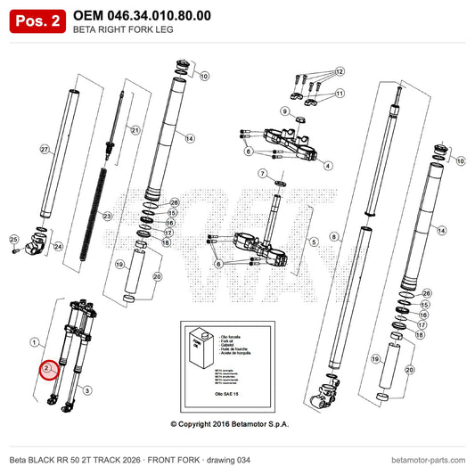 BETA RIGHT FORK LEG – OEM 046.34.010.80.00, position 2 on the Beta BLACK RR 50 2T TRACK 2026 front fork drawing