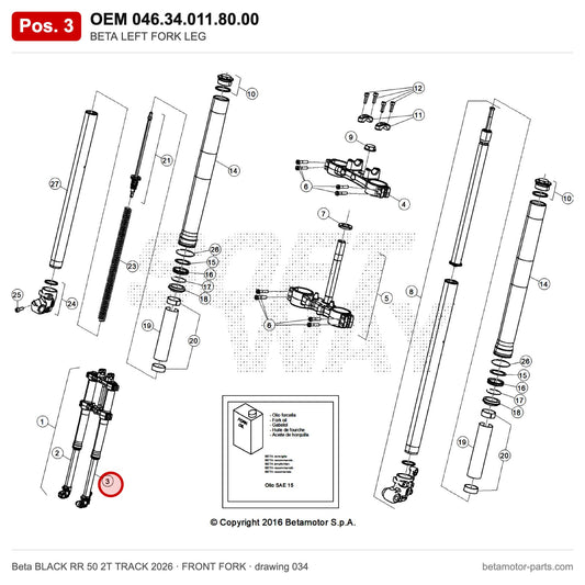 BETA LEFT FORK LEG – OEM 046.34.011.80.00, position 3 on the Beta BLACK RR 50 2T TRACK 2026 front fork drawing