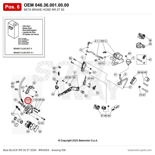 BETA BRAKE HOSE RR 2T 50 – OEM 046.36.001.00.00, position 6 on the Beta BLACK RR 50 2T 2026 brakes drawing