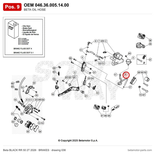 BETA OIL HOSE – OEM 046.36.005.14.00, position 9 on the Beta BLACK RR 50 2T 2026 brakes drawing