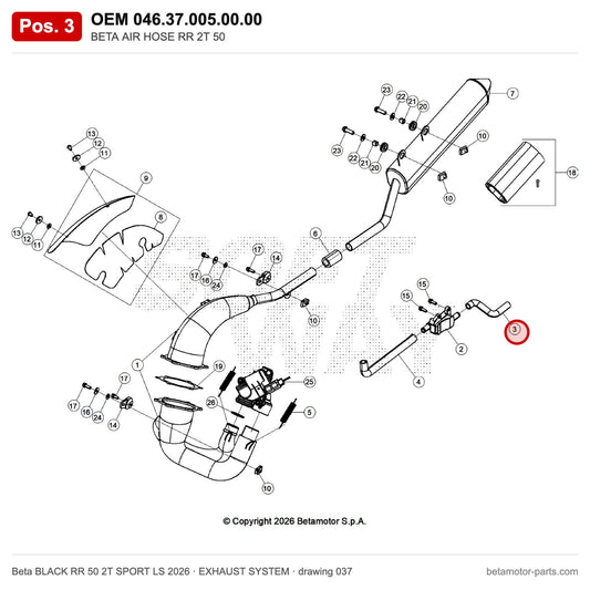 BETA AIR HOSE RR 2T 50 – OEM 046.37.005.00.00, position 3 on the Beta BLACK RR 50 2T SPORT LS 2026 exhaust system drawing