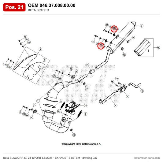 BETA SPACER – OEM 046.37.008.00.00, position 21 on the Beta BLACK RR 50 2T SPORT LS 2026 exhaust system drawing