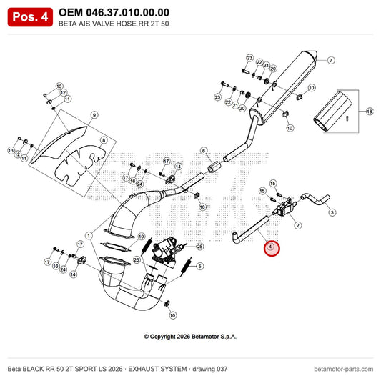BETA AIS VALVE HOSE RR 2T 50 – OEM 046.37.010.00.00, position 4 on the Beta BLACK RR 50 2T SPORT LS 2026 exhaust system drawing