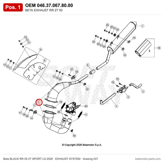 BETA EXHAUST RR 2T 50 – OEM 046.37.067.80.00, position 1 on the Beta BLACK RR 50 2T SPORT LS 2026 exhaust system drawing