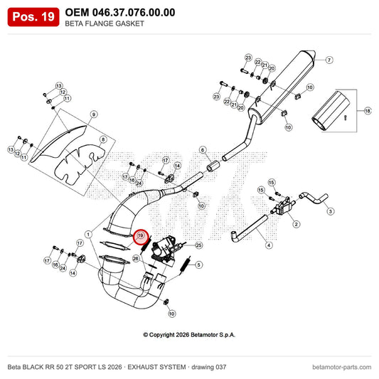 BETA FLANGE GASKET – OEM 046.37.076.00.00, position 19 on the Beta BLACK RR 50 2T SPORT LS 2026 exhaust system drawing