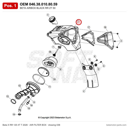 BETA AIRBOX BLACK RR 2T 50 – OEM 046.38.010.80.59, position 1 on the Beta X RR 125 4T T 2026 air filter box drawing